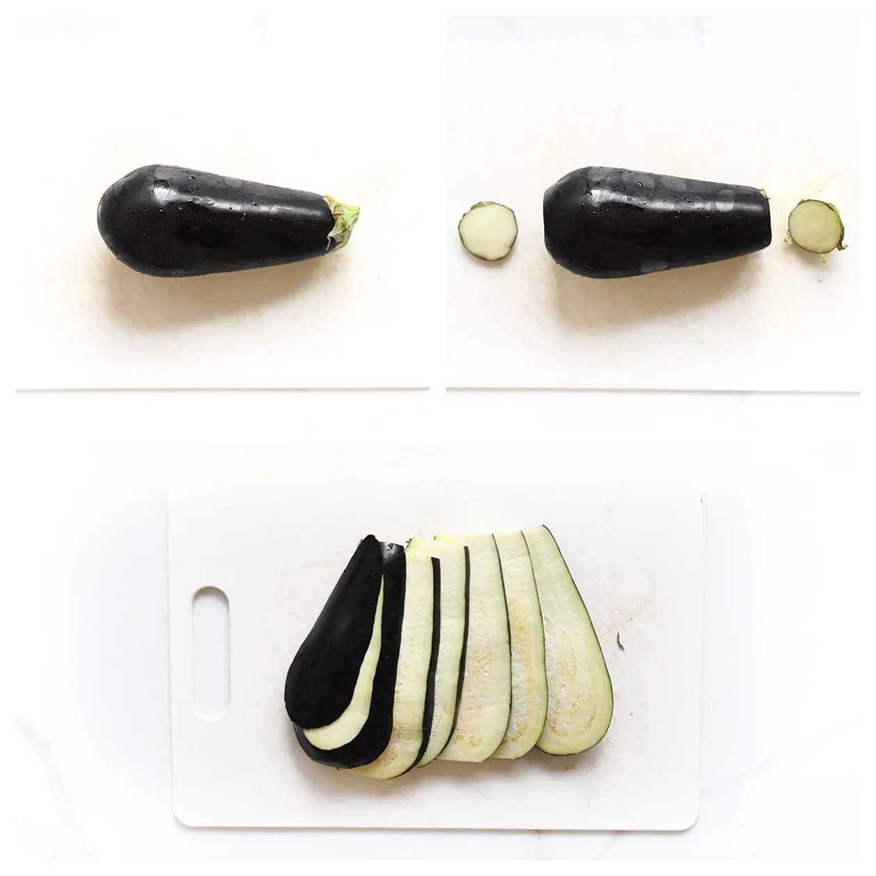 Aubergines in plakken van ongeveer één centimeter dik gesneden