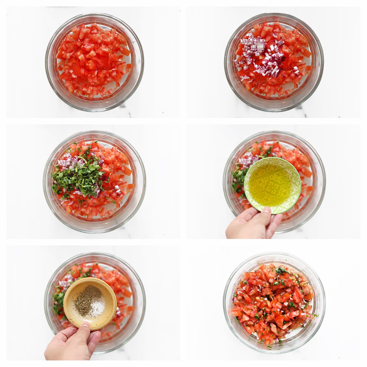 Tomatenmengsel met rode ui, basilicum en olijfolie in een kom