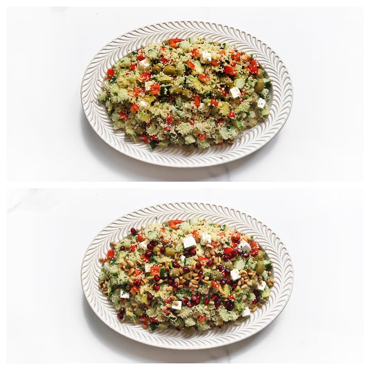 Portie couscoussalade met feta en avocado op een bord