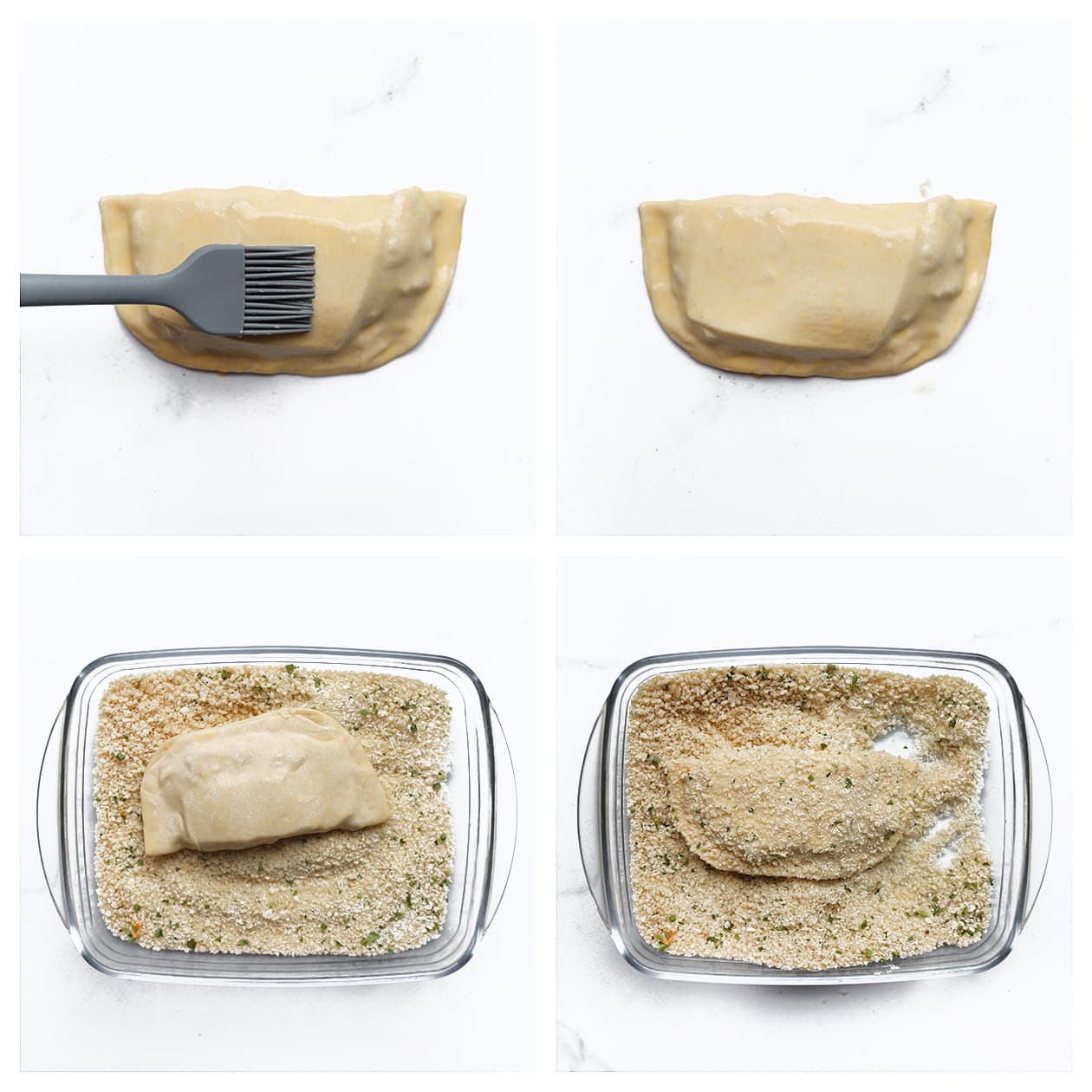Broodje wordt door een panko-Parmezaanse coating gehaald.