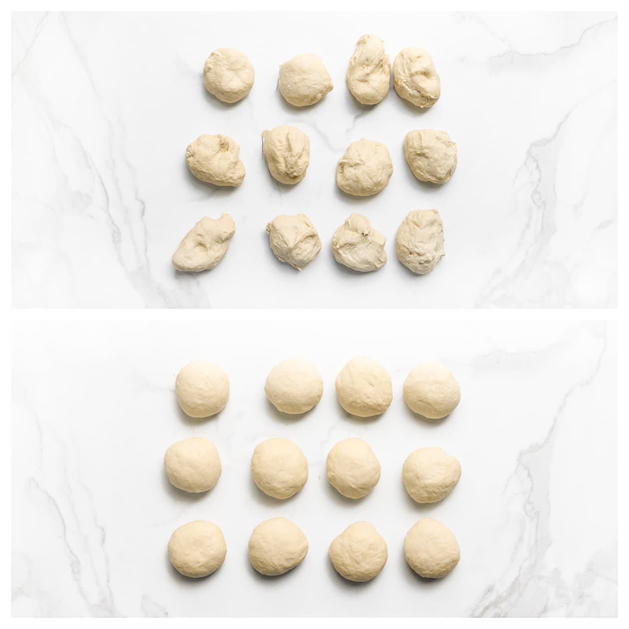 Deeg verdelen door 12 stukken en vormen tot bollen