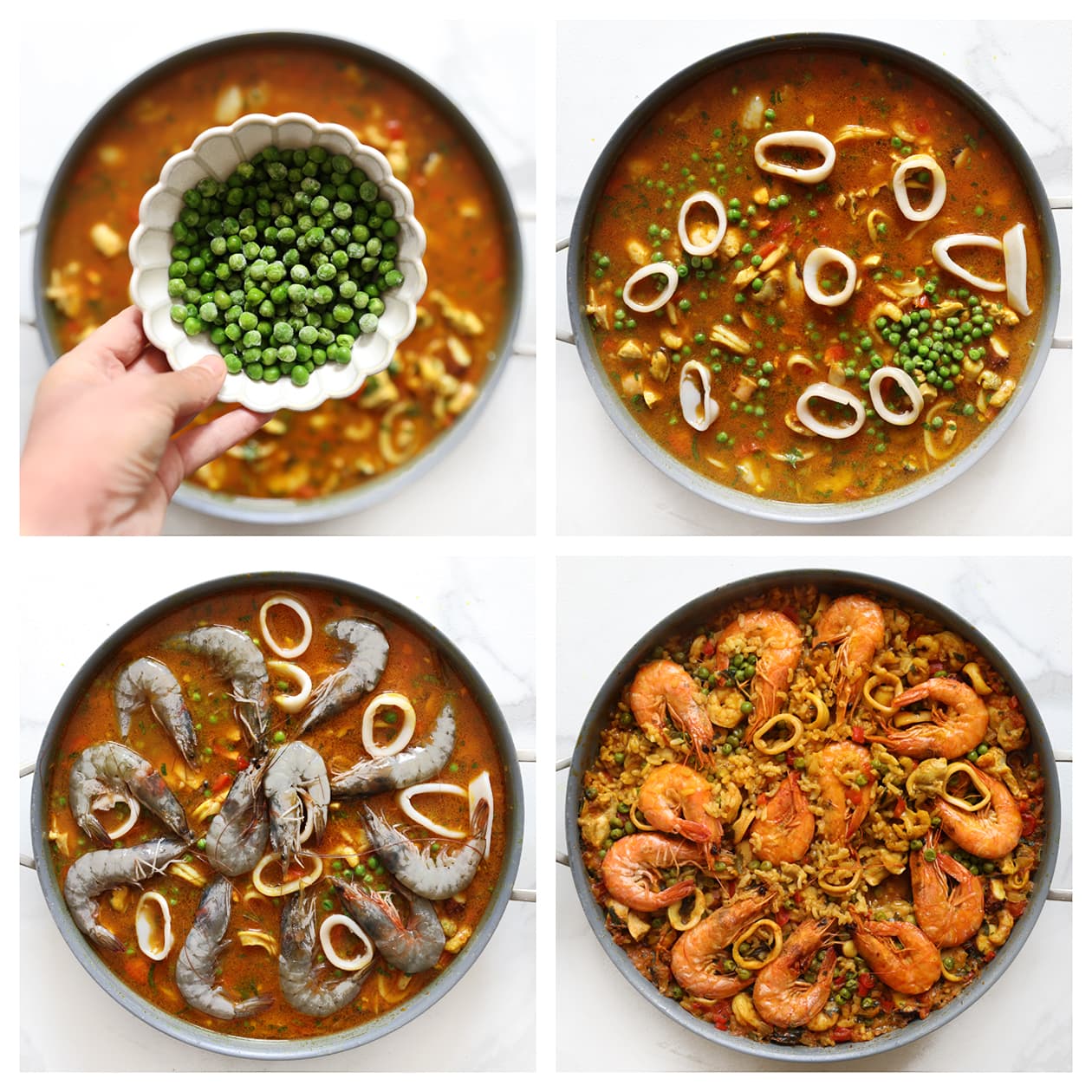 Doperwten en garnalen bovenop paella in de pan