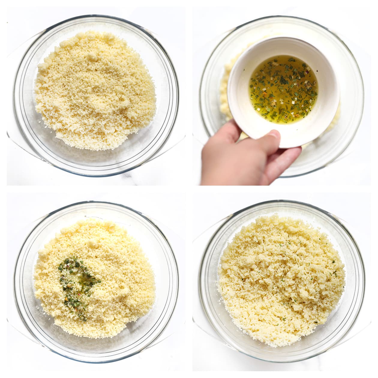 Dressing mengen door de couscous in een diepe kom