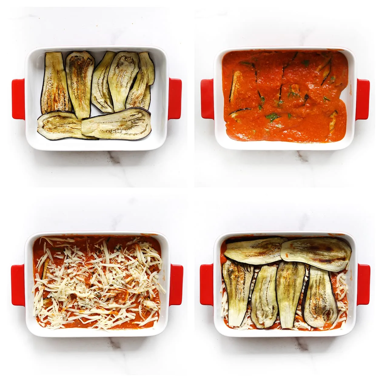 Eerste laag melanzane met saus, aubergine en geraspte kaas