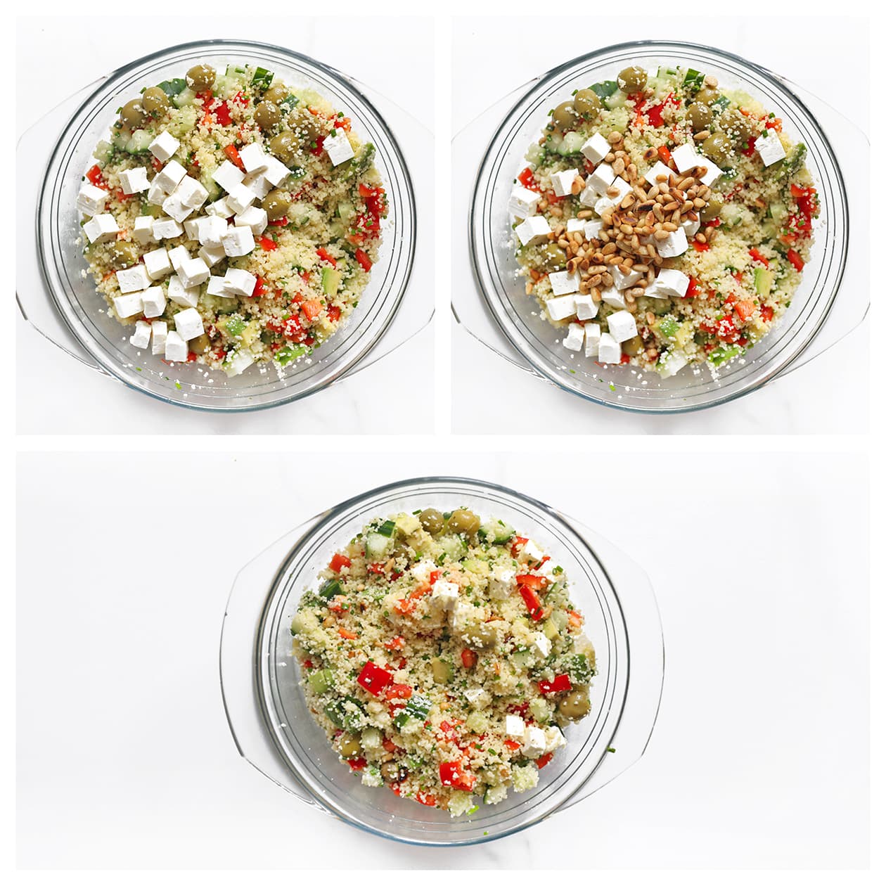 Feta kaas en pijnboompitten mengen door de couscous salade