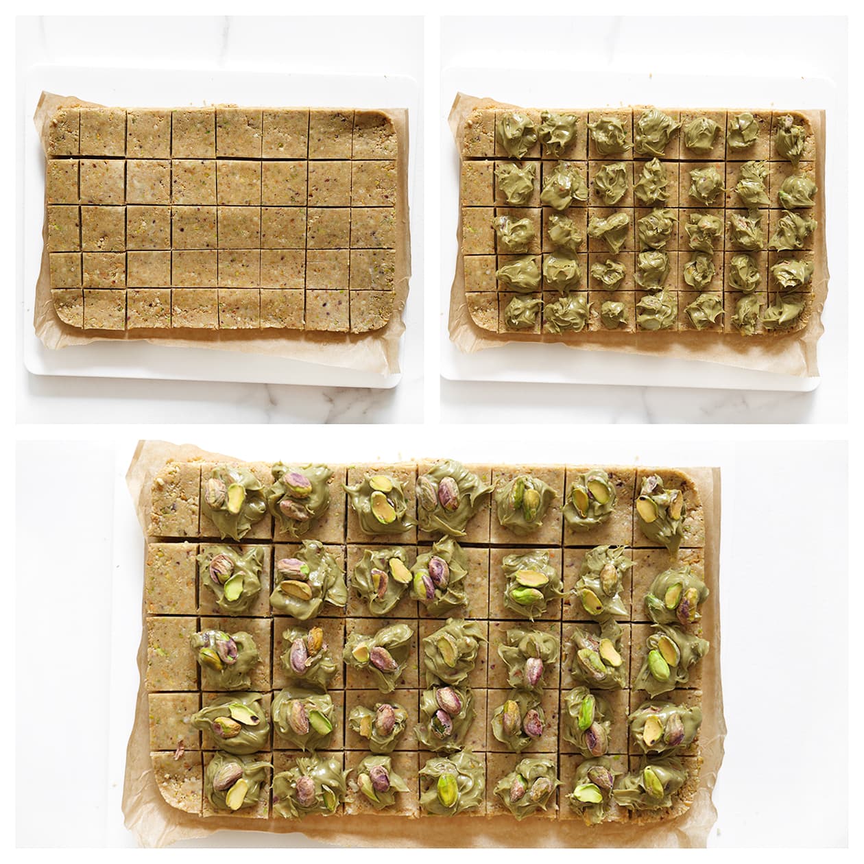 Koekjesdeeg in stukken snijden en vullen met pistachemengsel en pistachenoten