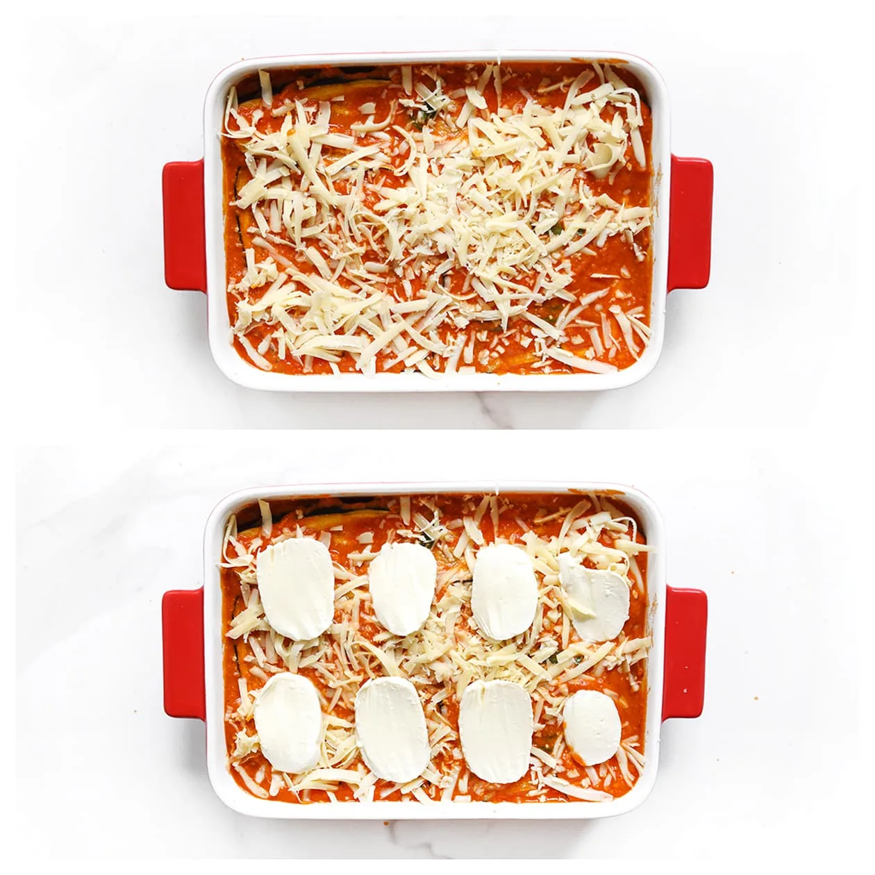 Melanzane ovenschotel bedekt met geraspte kaas en mozzarella