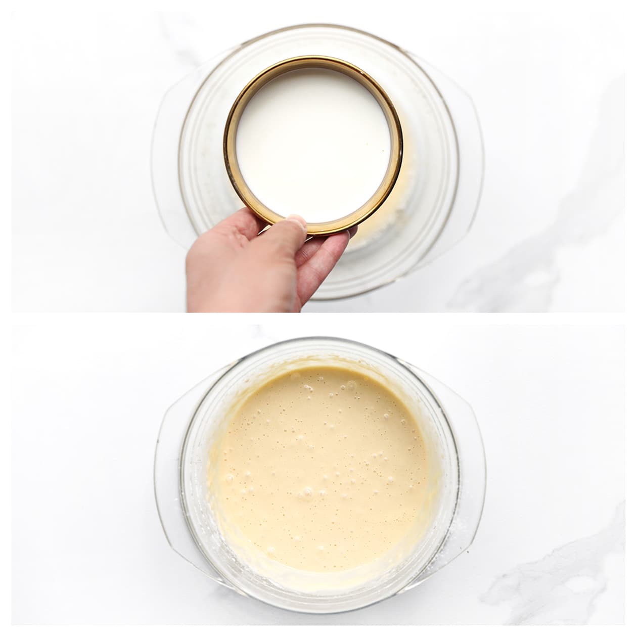 Melk toevoegen en mixen tot een geheel voor het maken van bosbessen pancakes