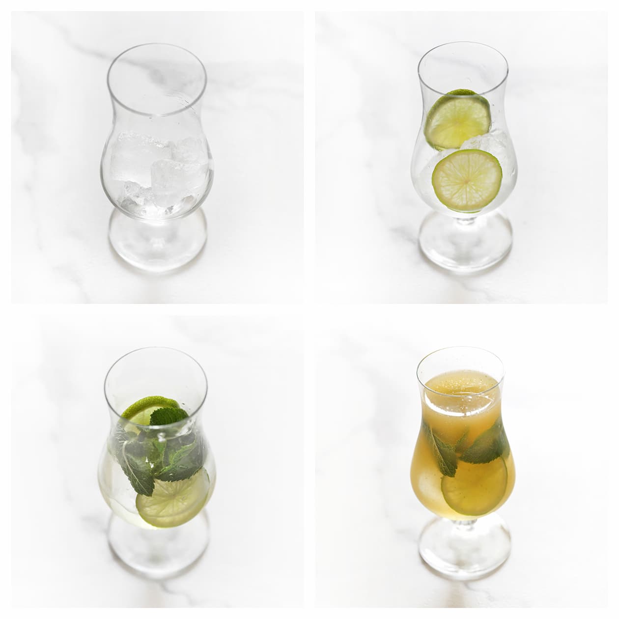 Glas gevuld met ijsblokjes, limoen, munt en passievrucht mocktail.