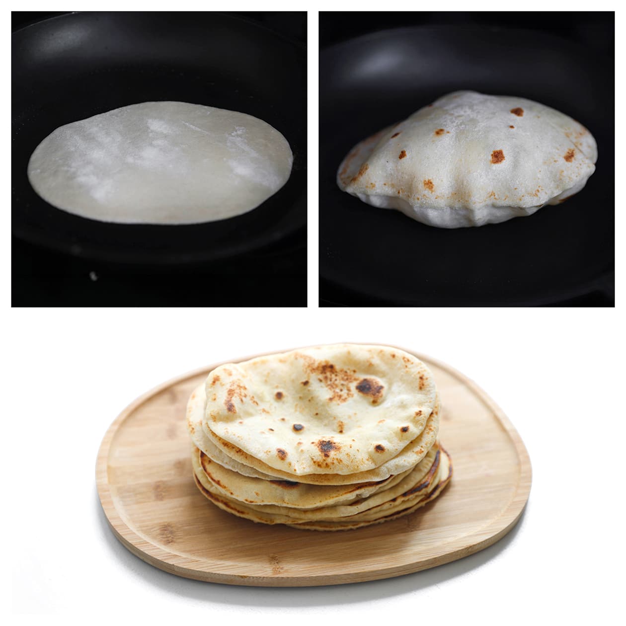 Naan brood wordt goudbruin gebakken in een hete koekenpan