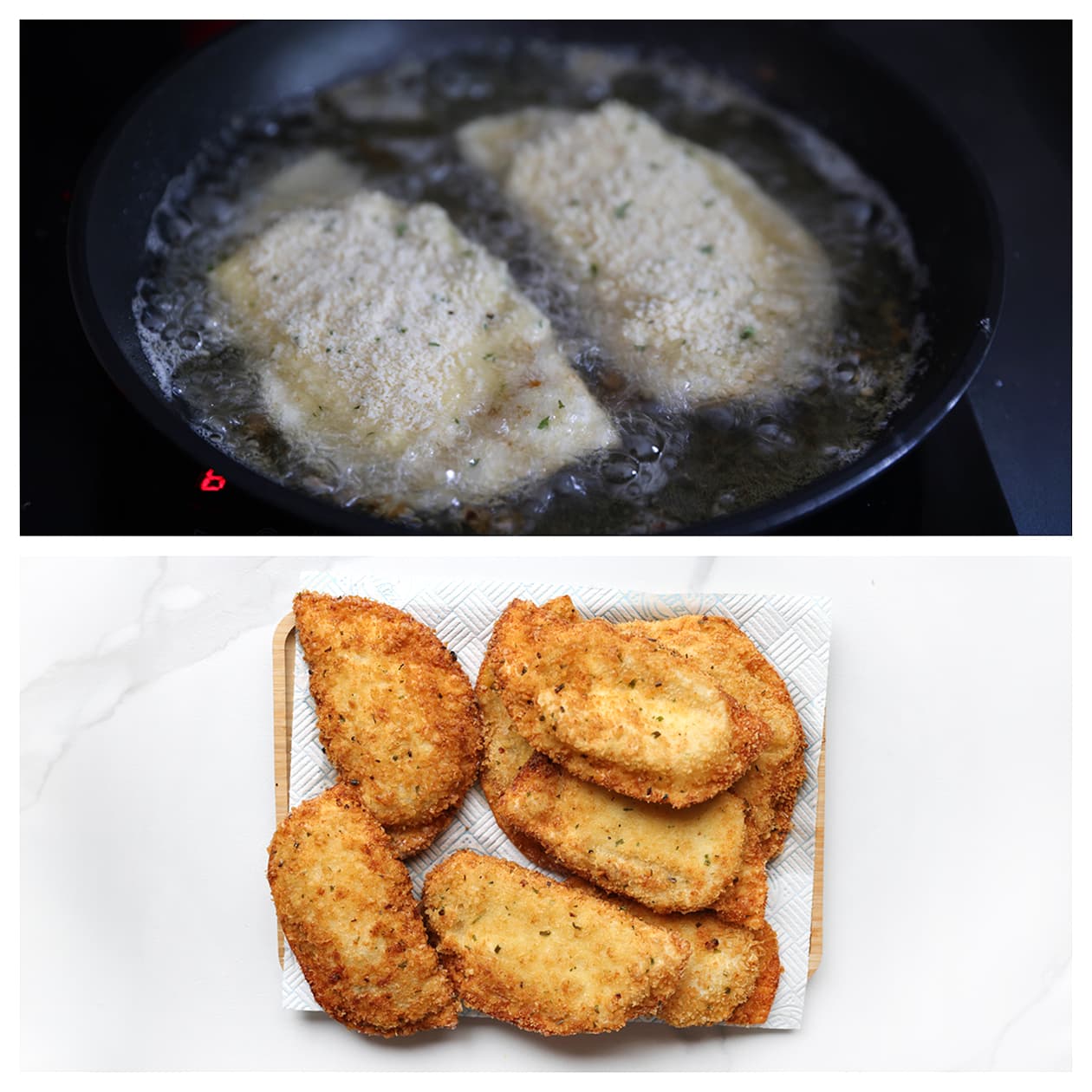 Chicken caesar broodjes worden goudbruin gefrituurd in hete olie.