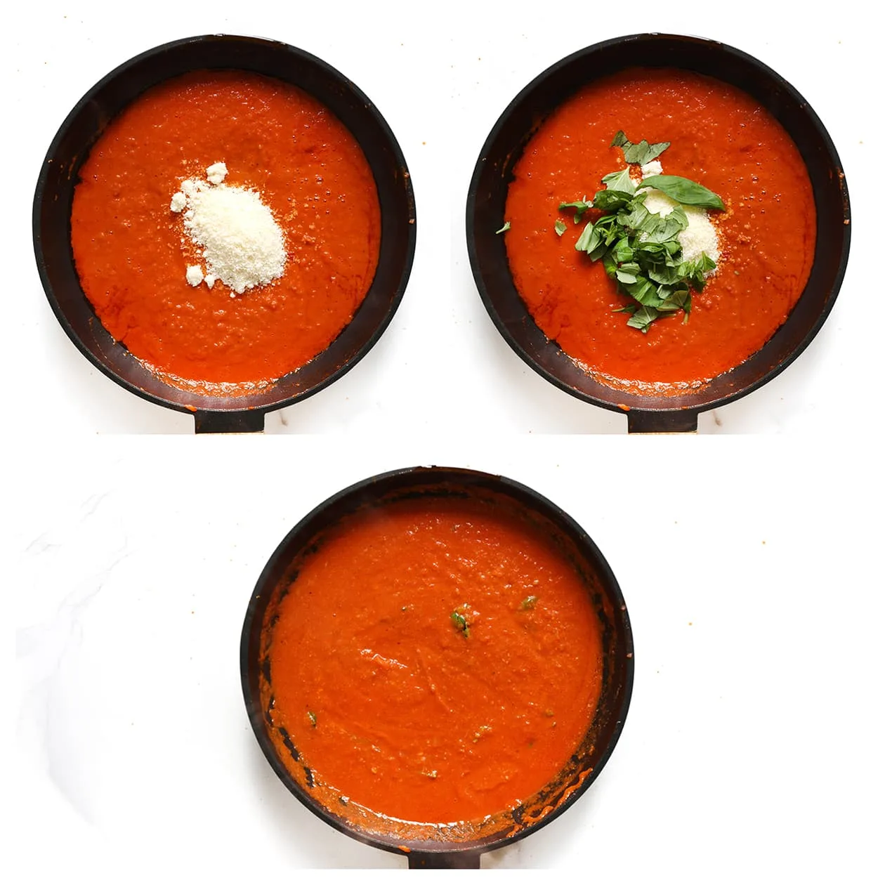 Verse basilicum en Parmezaanse kaas toegevoegd aan tomatensaus