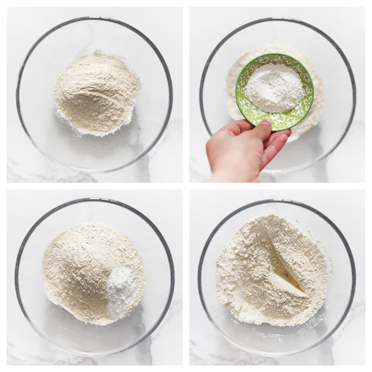 Patentbloem, bakpoeder en zout gemengd in een kom voor het maken van naanbrood
