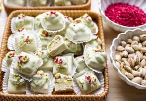 Pistache Rosa koekjes met witte chocolade, pistachevulling en gevriesdroogde frambozen