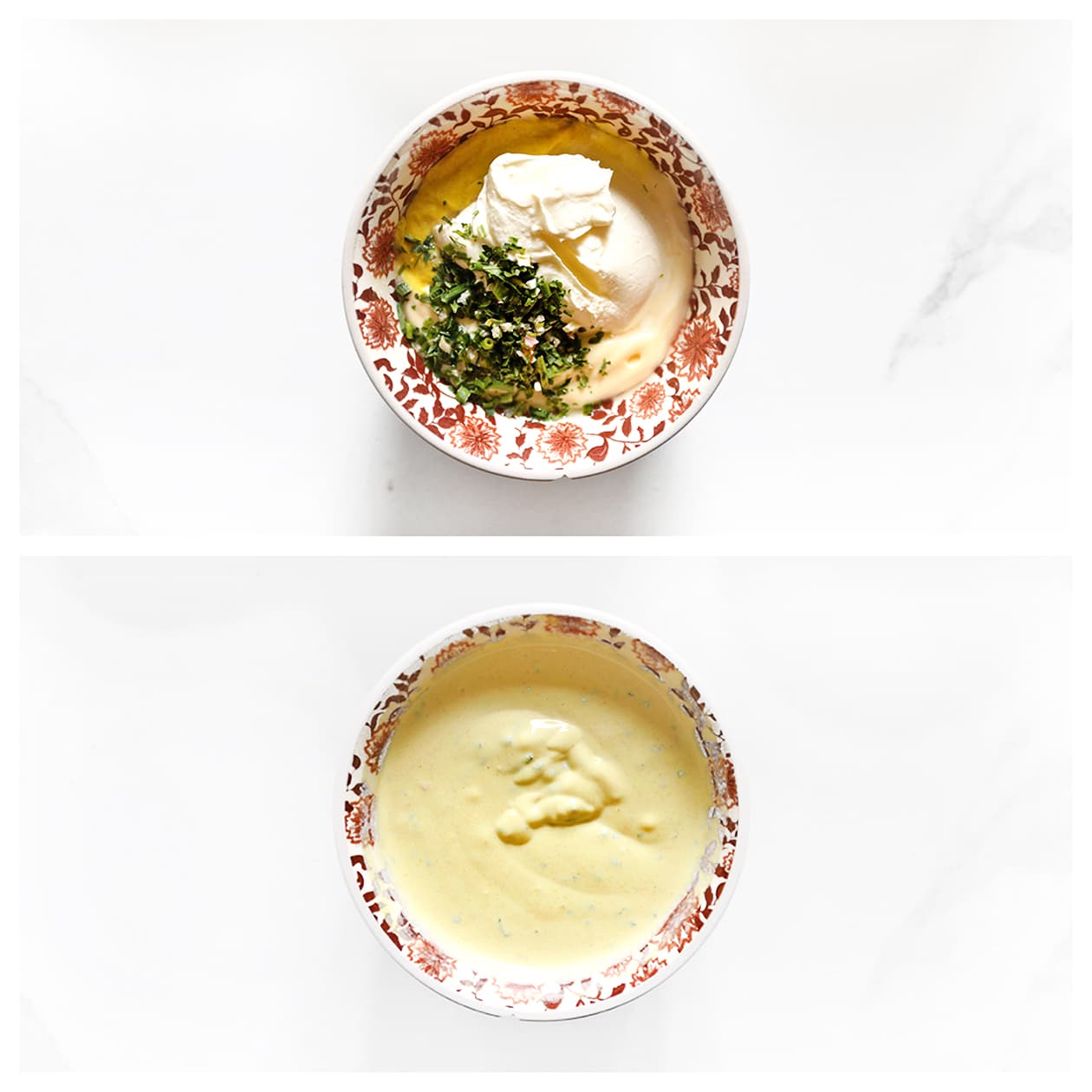 Caesarsaus van mayonaise, crème fraîche, mosterd en Parmezaanse kaas.