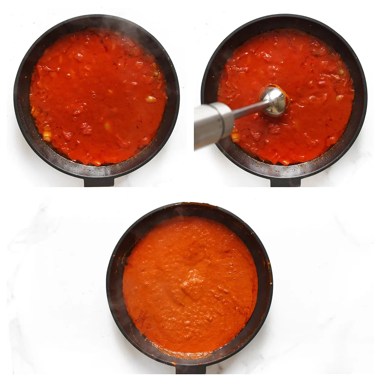 Tomatensaus pureren met een staafmixer