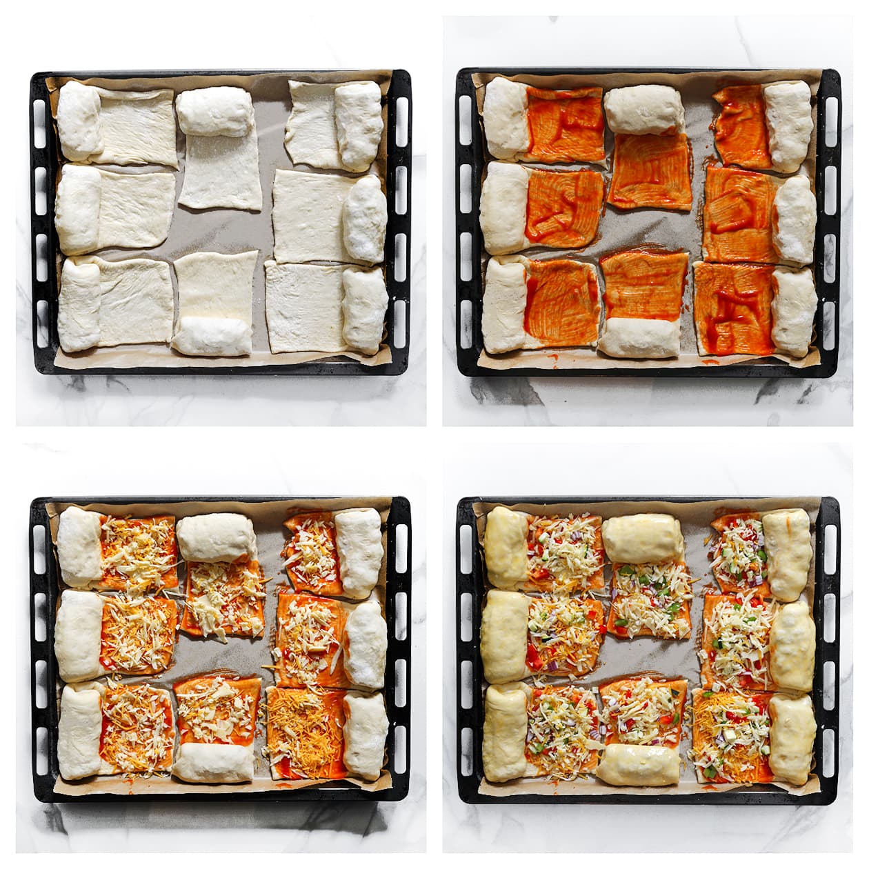 Tomatensaus, kaas en groenten verdelen over de pizza-broodjes