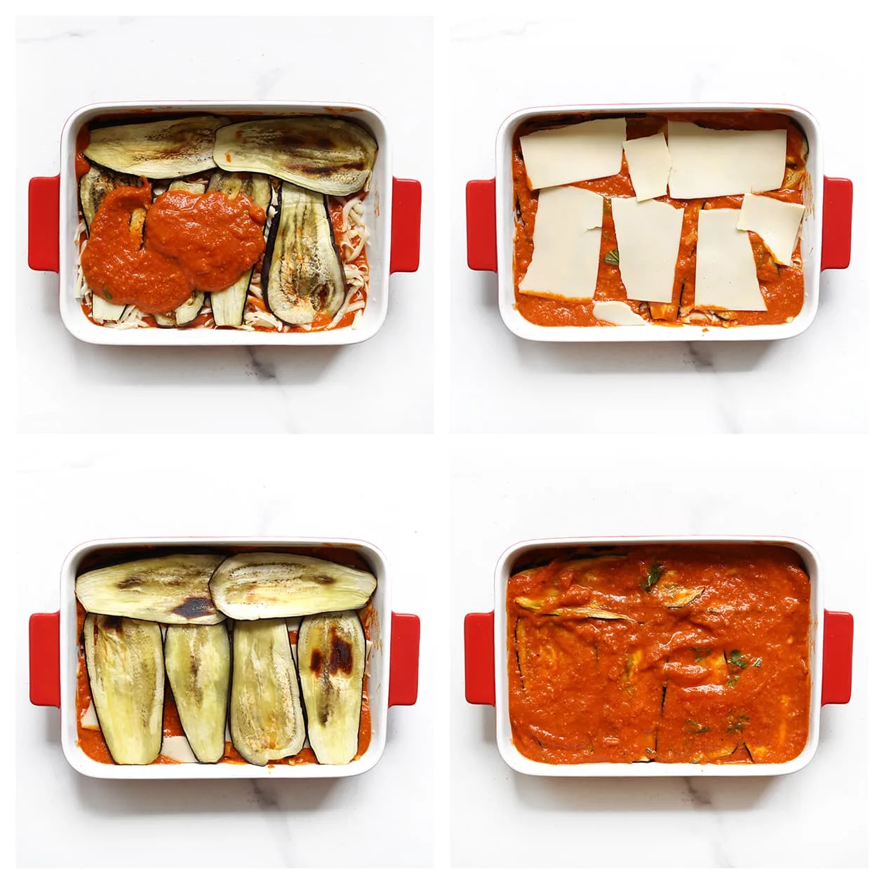 Ovenschaal gevuld met meerdere lagen aubergine, tomatensaus en kaas