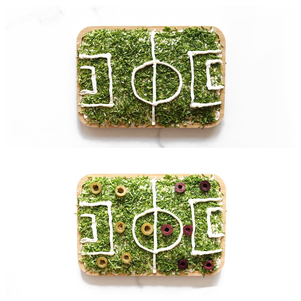 Voetbalveld van roomkaas met mayonaiselijnen en olijven als spelers
