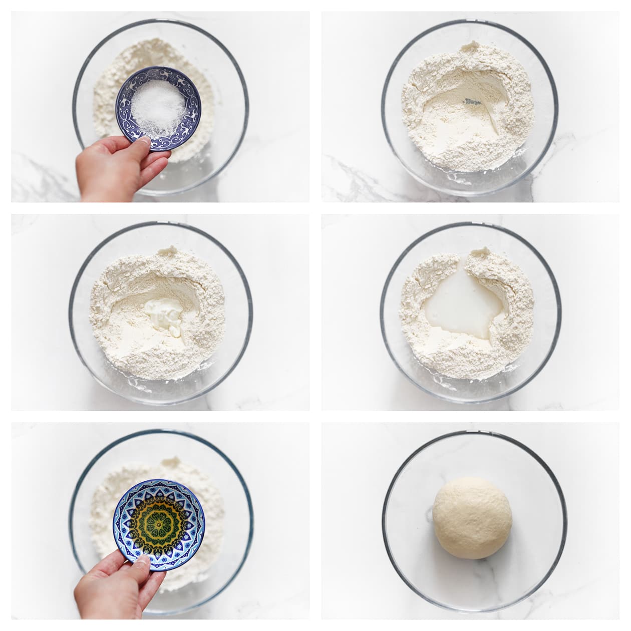 Yoghurt en water worden toegevoegd aan de droge ingrediënten voor naan deeg