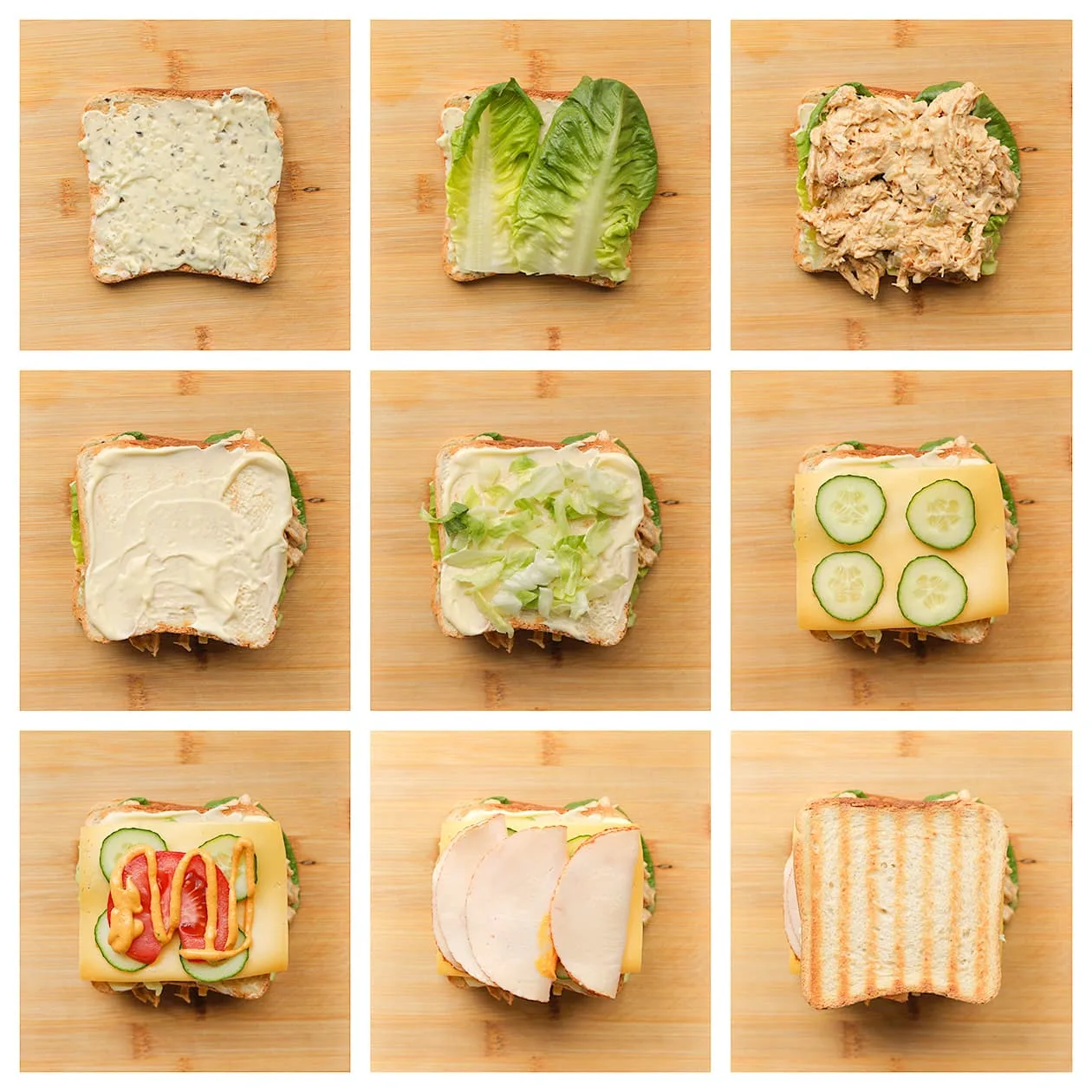 Club sandwich met kipmengsel en sla op geroosterd casinobrood