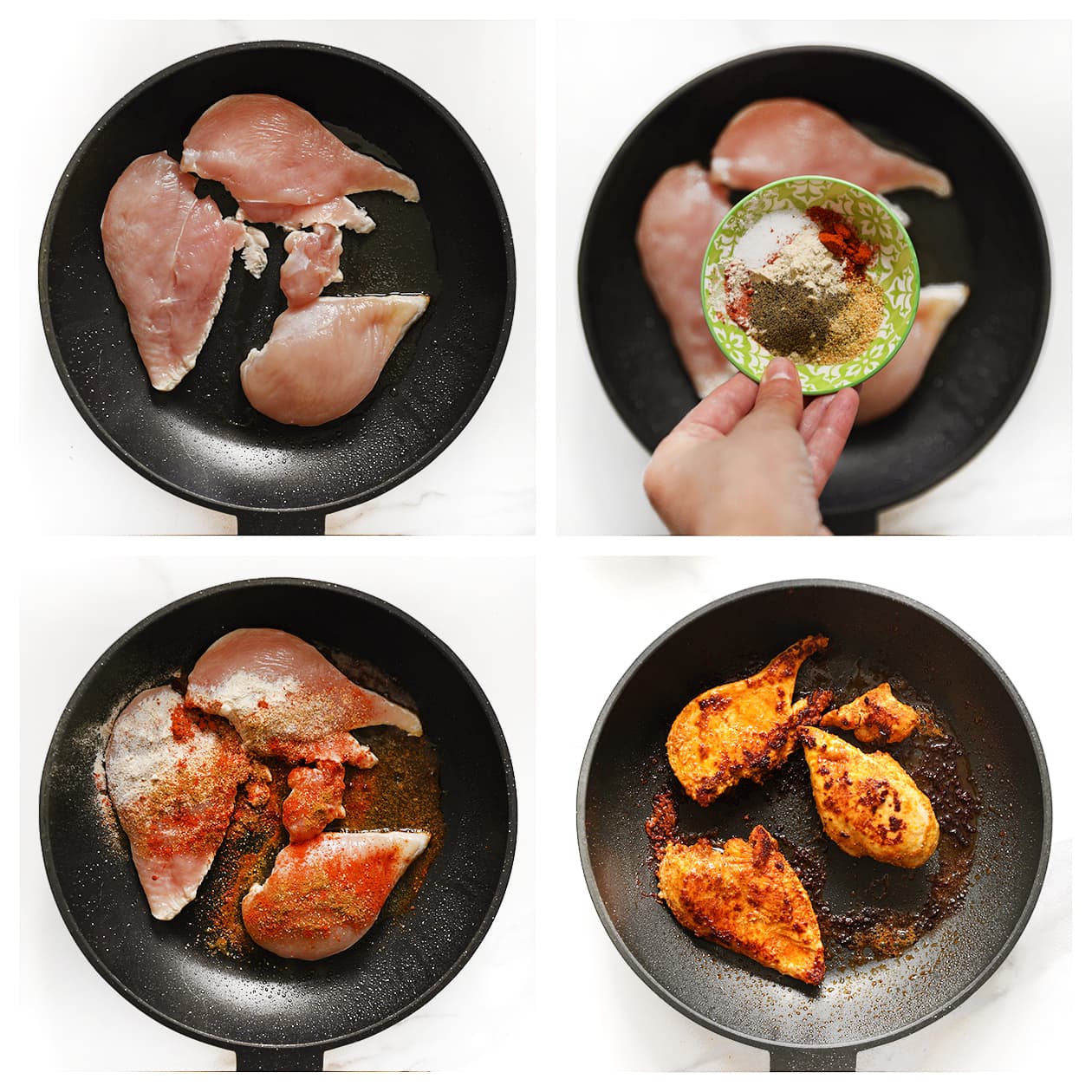 Gekruide kipfilet bakken in een koekenpan voor een club sandwich