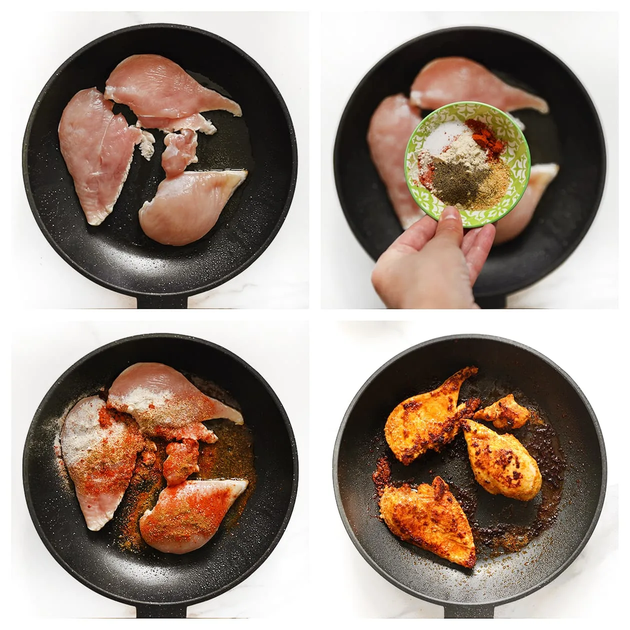 Gekruide kipfilet bakken in een koekenpan voor een club sandwich