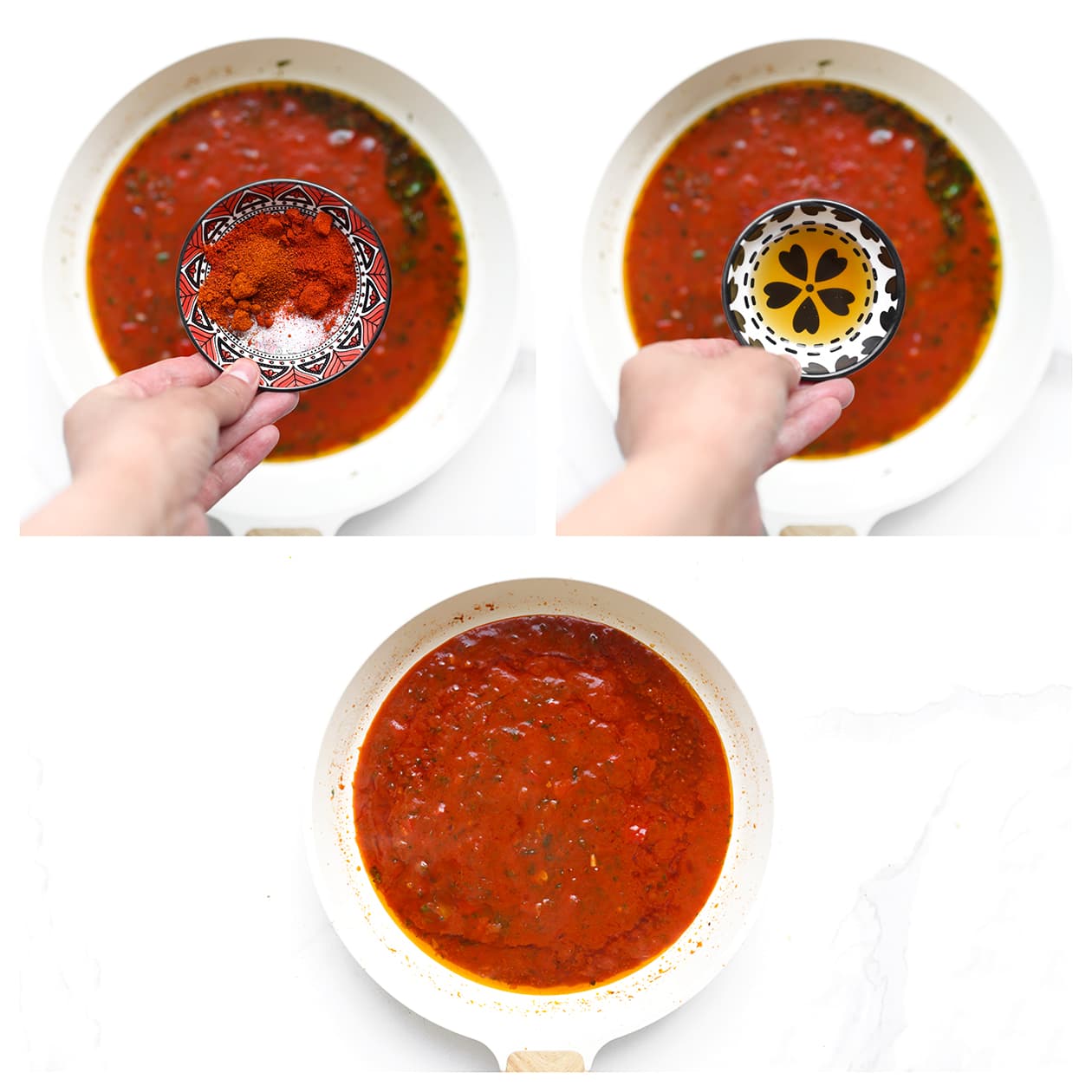Kruiden en honing worden toegevoegd aan de tomatensaus.