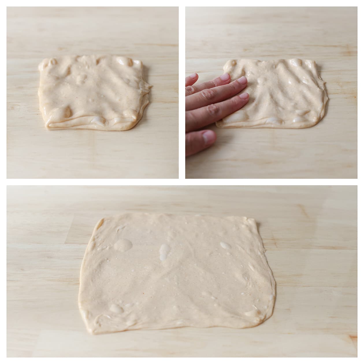 Het deegpakketje wordt voorzichtig platter gedrukt met ingevette handen.