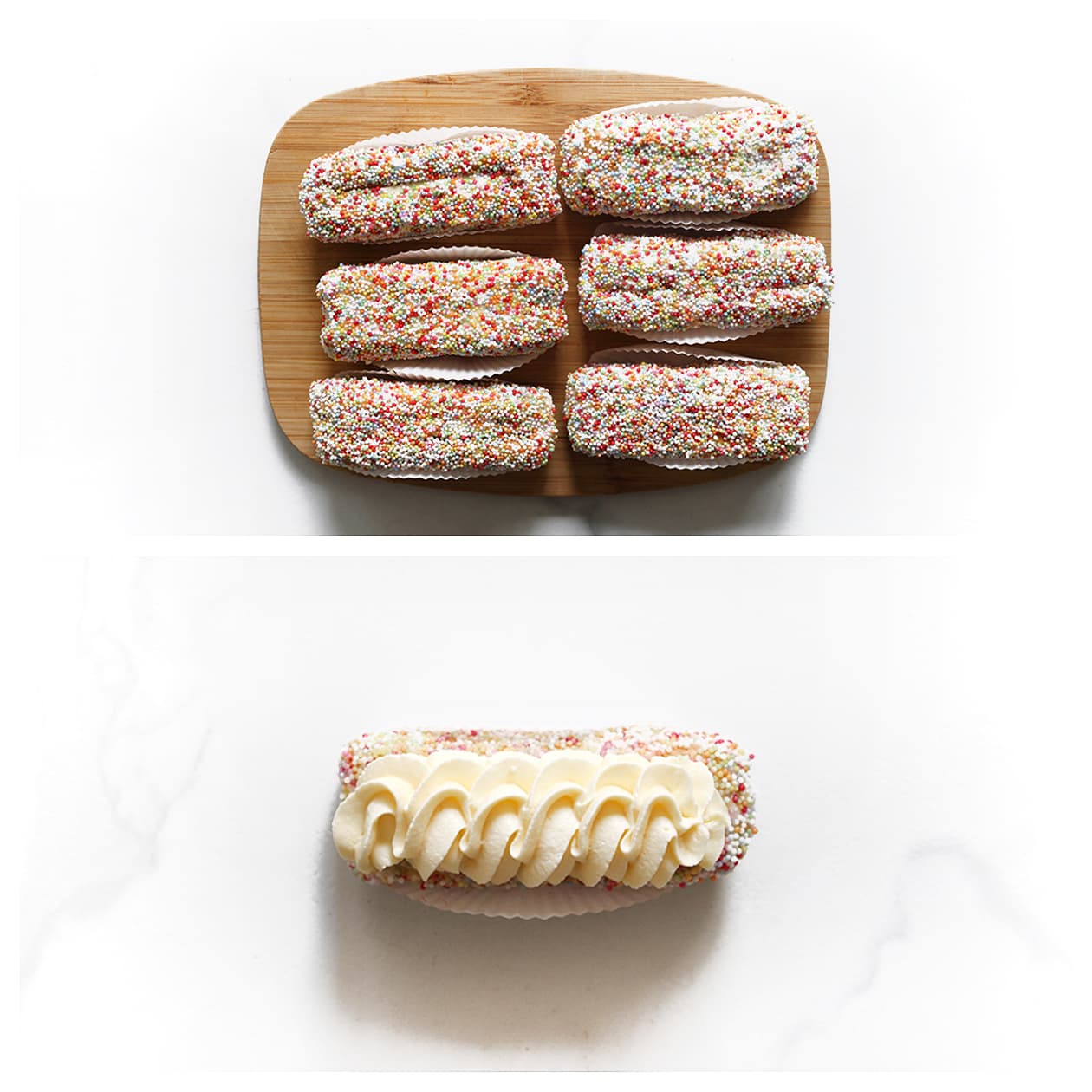 Dot Cake gebakjes worden afgewerkt met een langwerpige toef mascarponeroom.