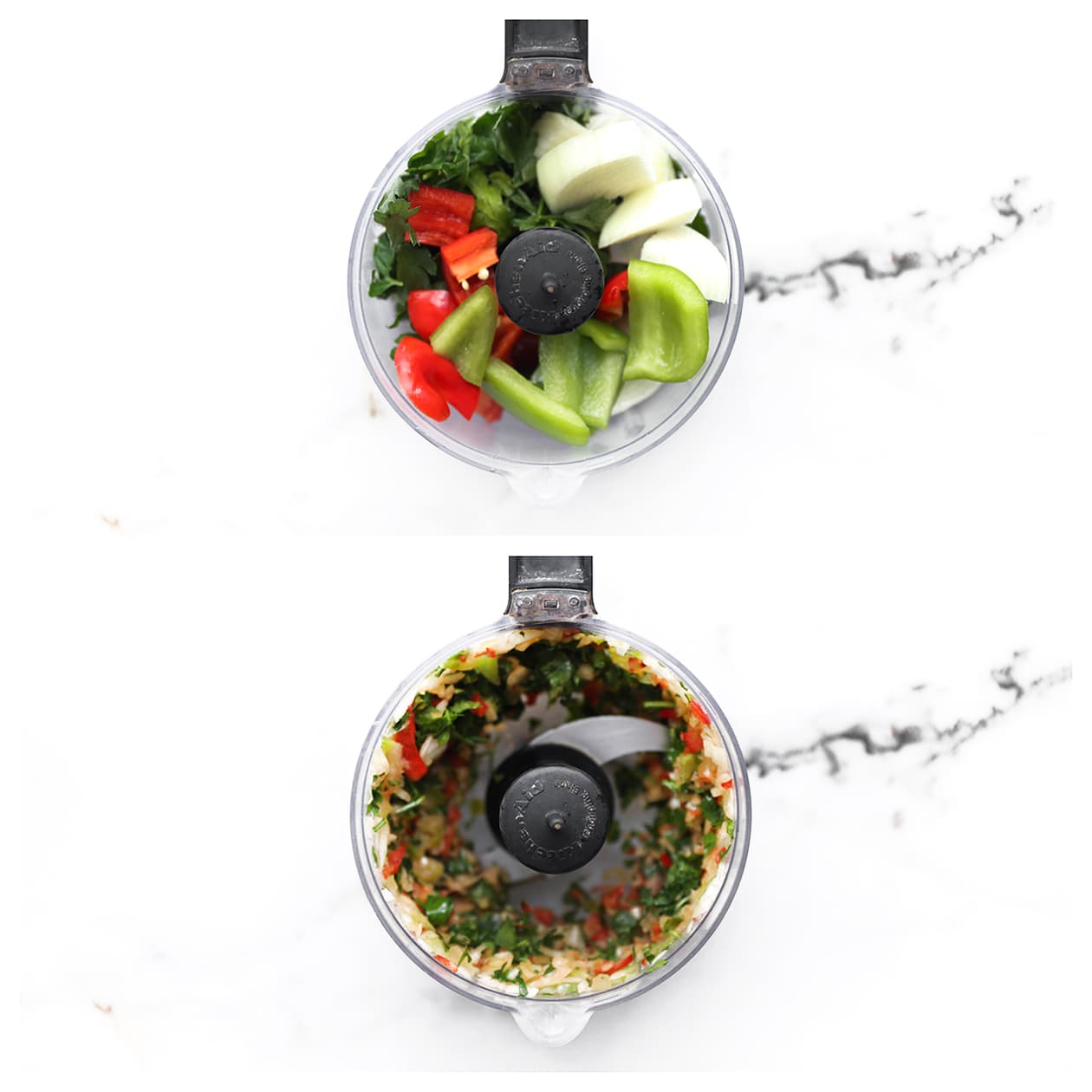 Gele ui, paprika, peterselie en knoflook in een hakmolen voor kipkofte.