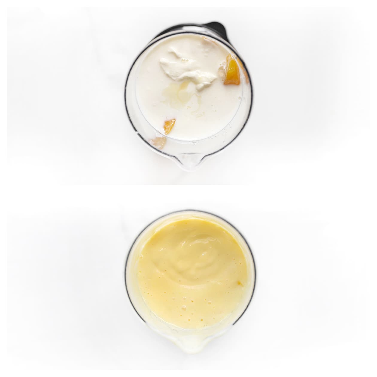 Mango, Griekse yoghurt, melk en gecondenseerde melk worden in een blender gedaan.