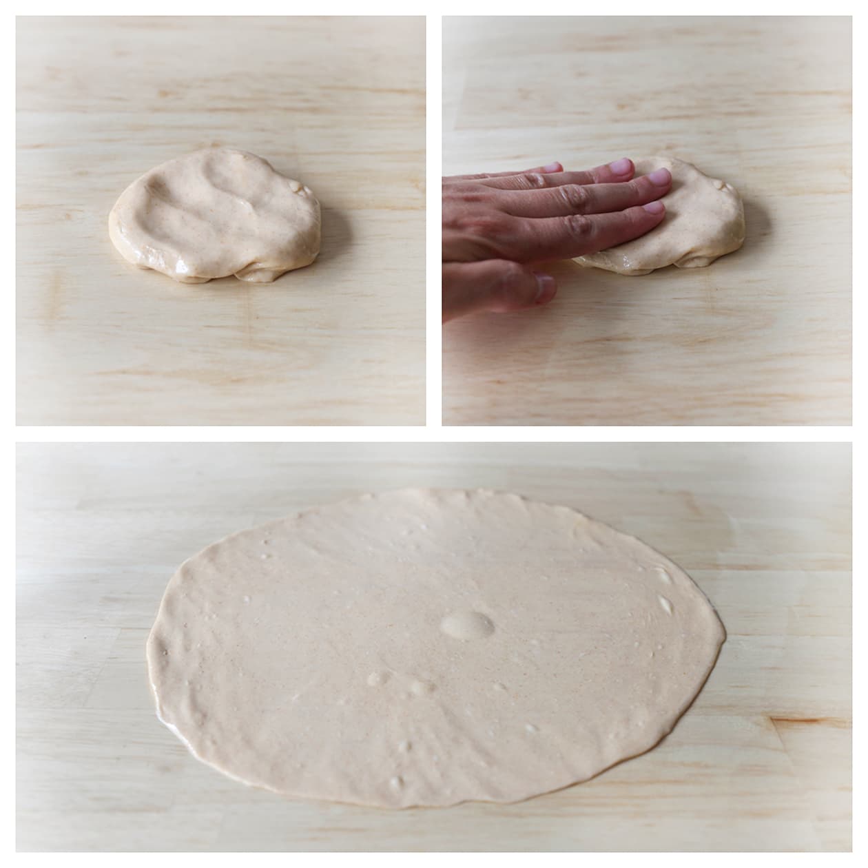 Het deeg wordt met de vingertoppen uitgerokken tot een dunne cirkel.