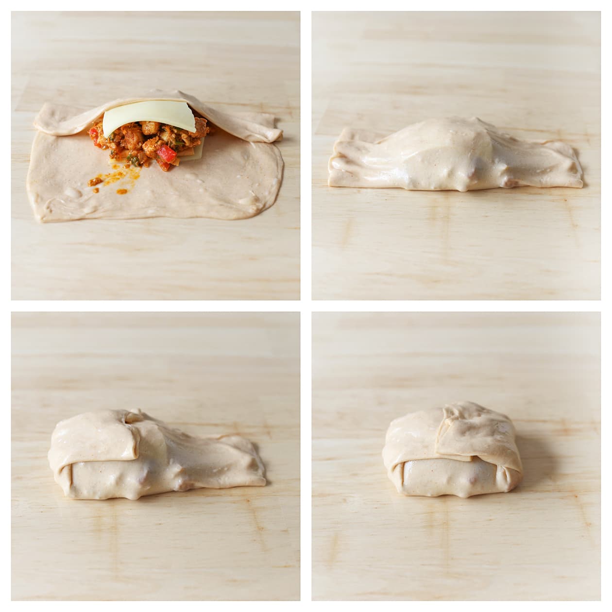 Het gevulde deeg wordt dichtgevouwen tot een stevig vierkant pakketje.