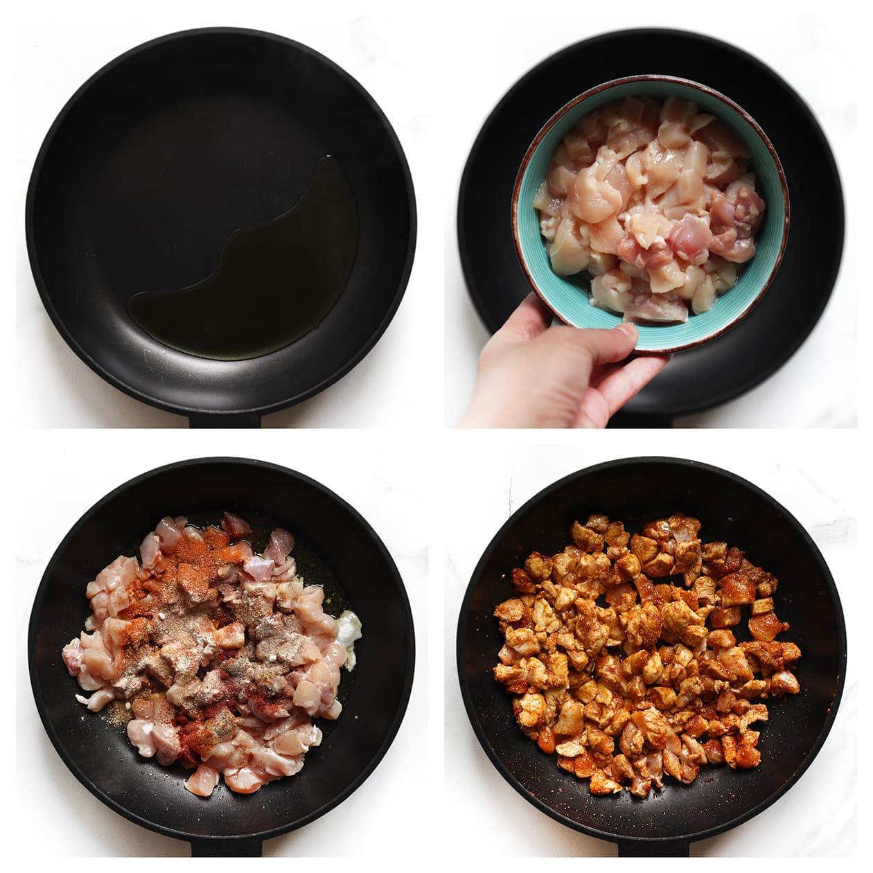 Kippendijen worden gebakken met komijn, kipkruiden, paprikapoeder en cayennepeper.
