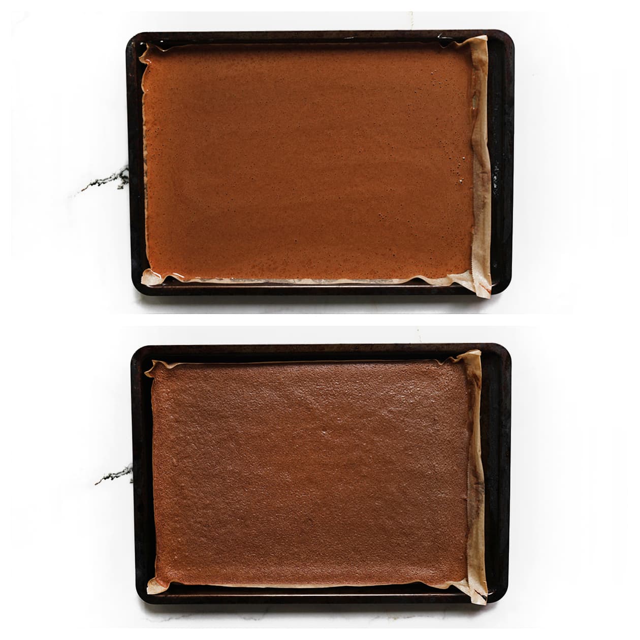 Chocoladebeslag gelijkmatig verdelen over een met bakpapier beklede bakplaat