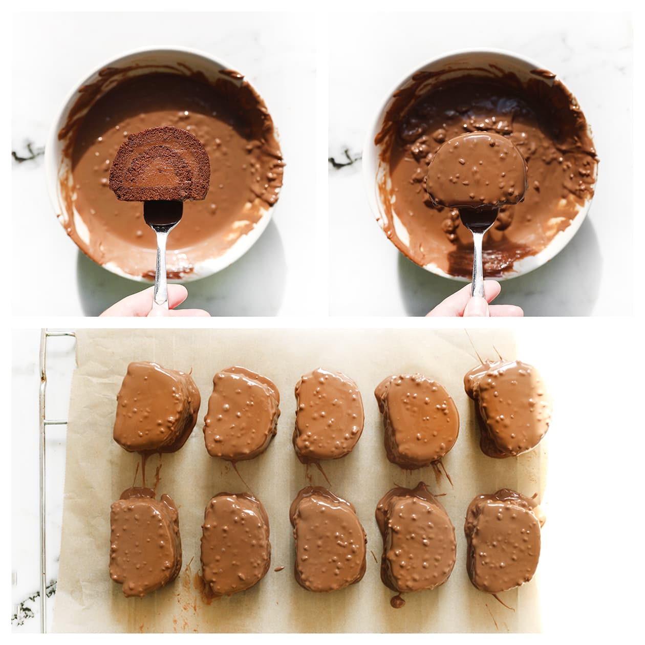 Plakjes chocolade rolcake door melkchocolade met hazelnoten halen
