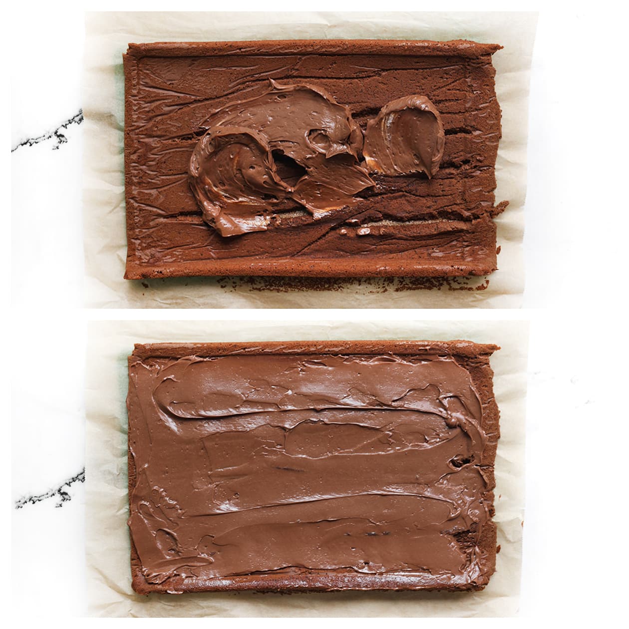 Romige mascarponevulling uitsmeren over chocolade rolcake