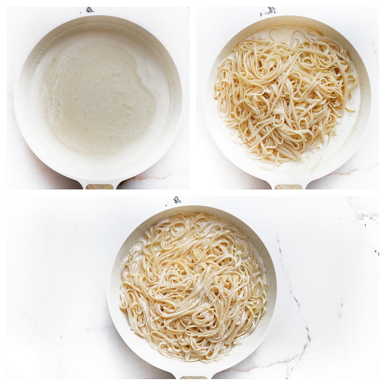 Voorgekookte spaghetti mengen met romige roomsaus