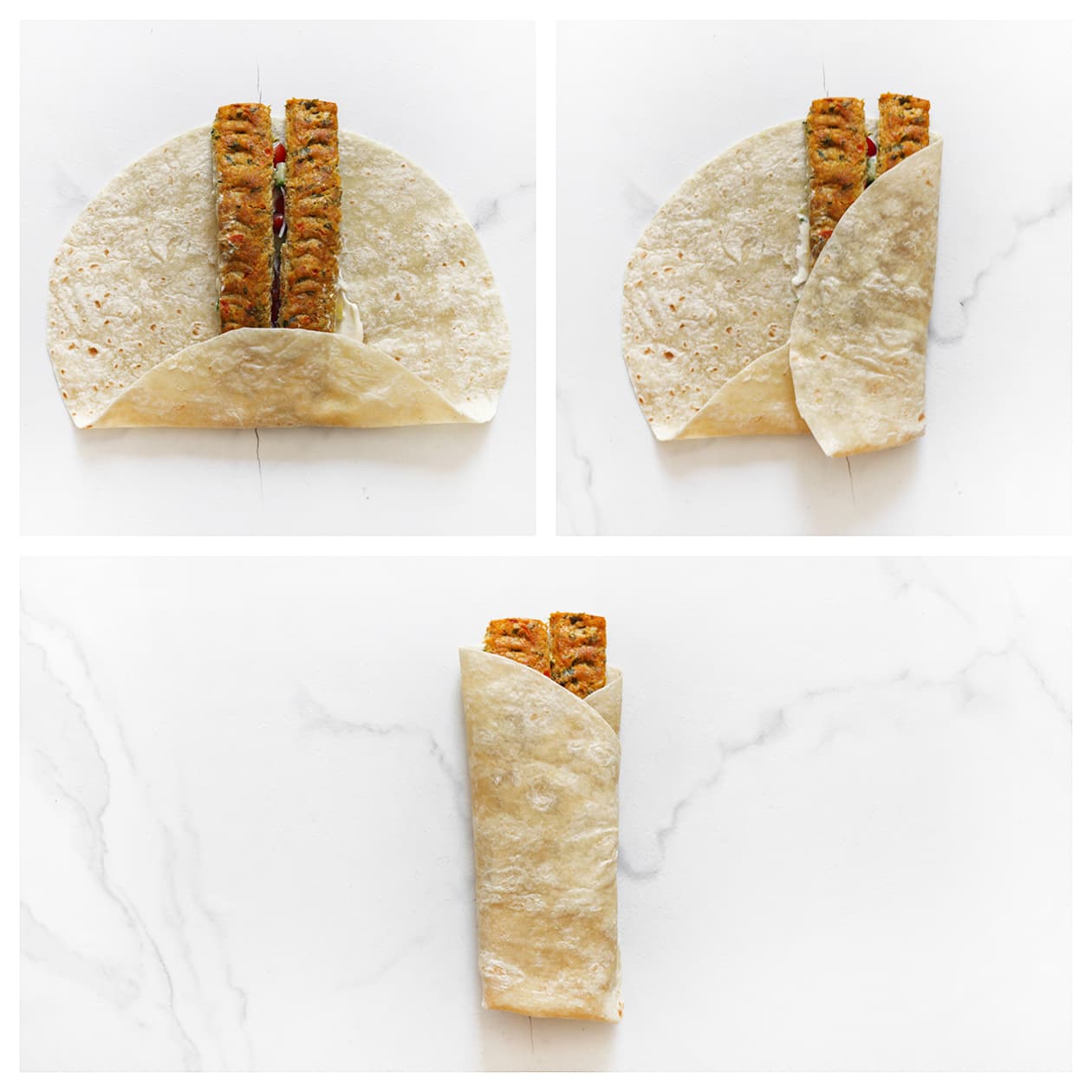 Wrap met kip adana kebab en groenten wordt dichtgevouwen