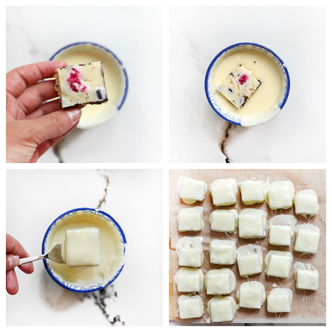 Frambozenbonbons dippen in witte chocolade