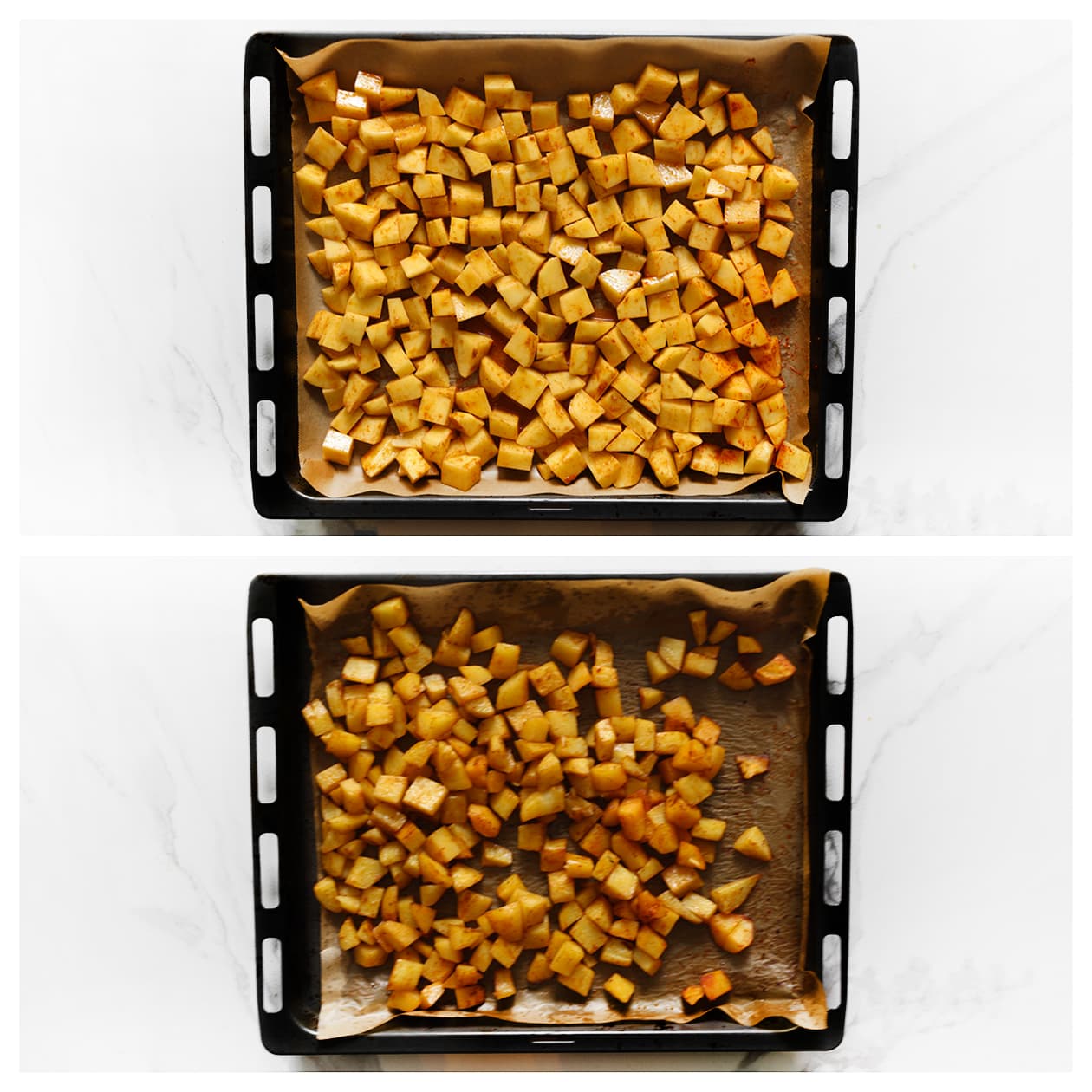 Gekruide aardappelblokjes verspreid over een bakplaat