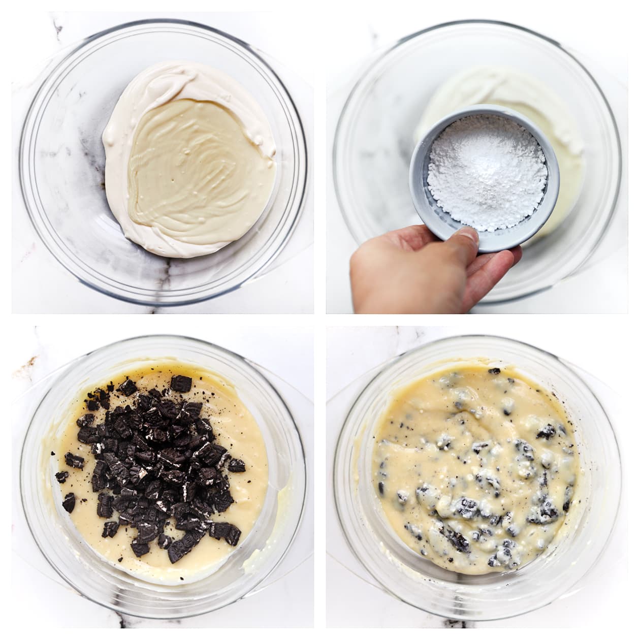 Mascarpone mengen met witte chocolade en chocoladekoek