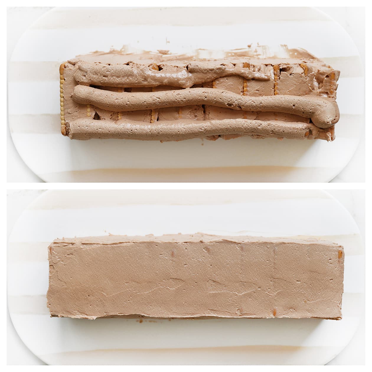 Snickers dessert bedekt met een laag chocoladeroom