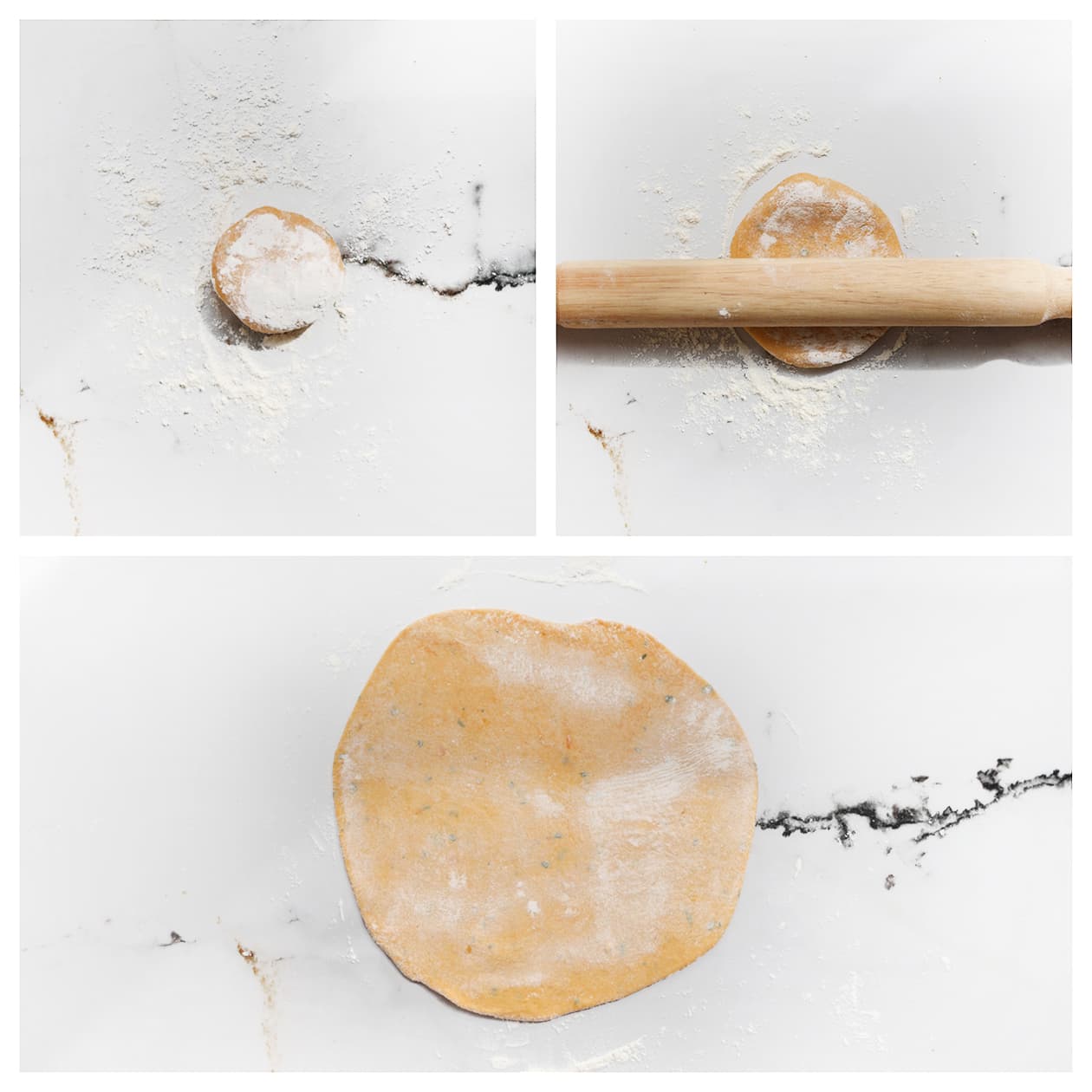 Zoete aardappel deeg uitrollen tot een ronde lap