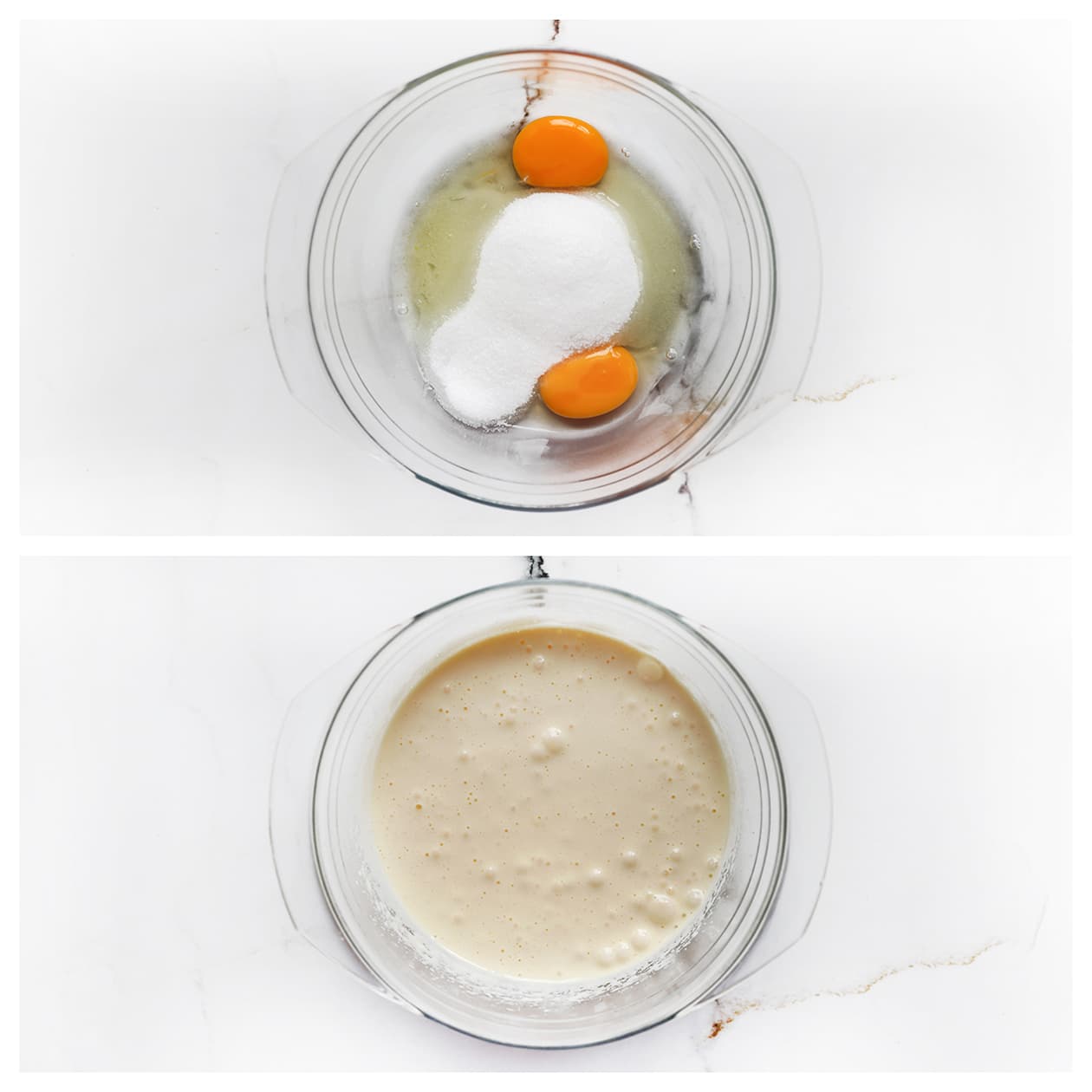 Eieren met suiker en vanillesuiker mixen voor madeleines