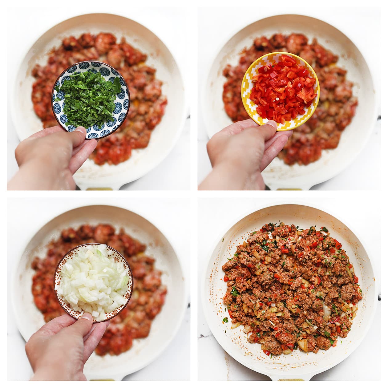 Gehakt met rode puntpaprika, ui en peterselie in de pan