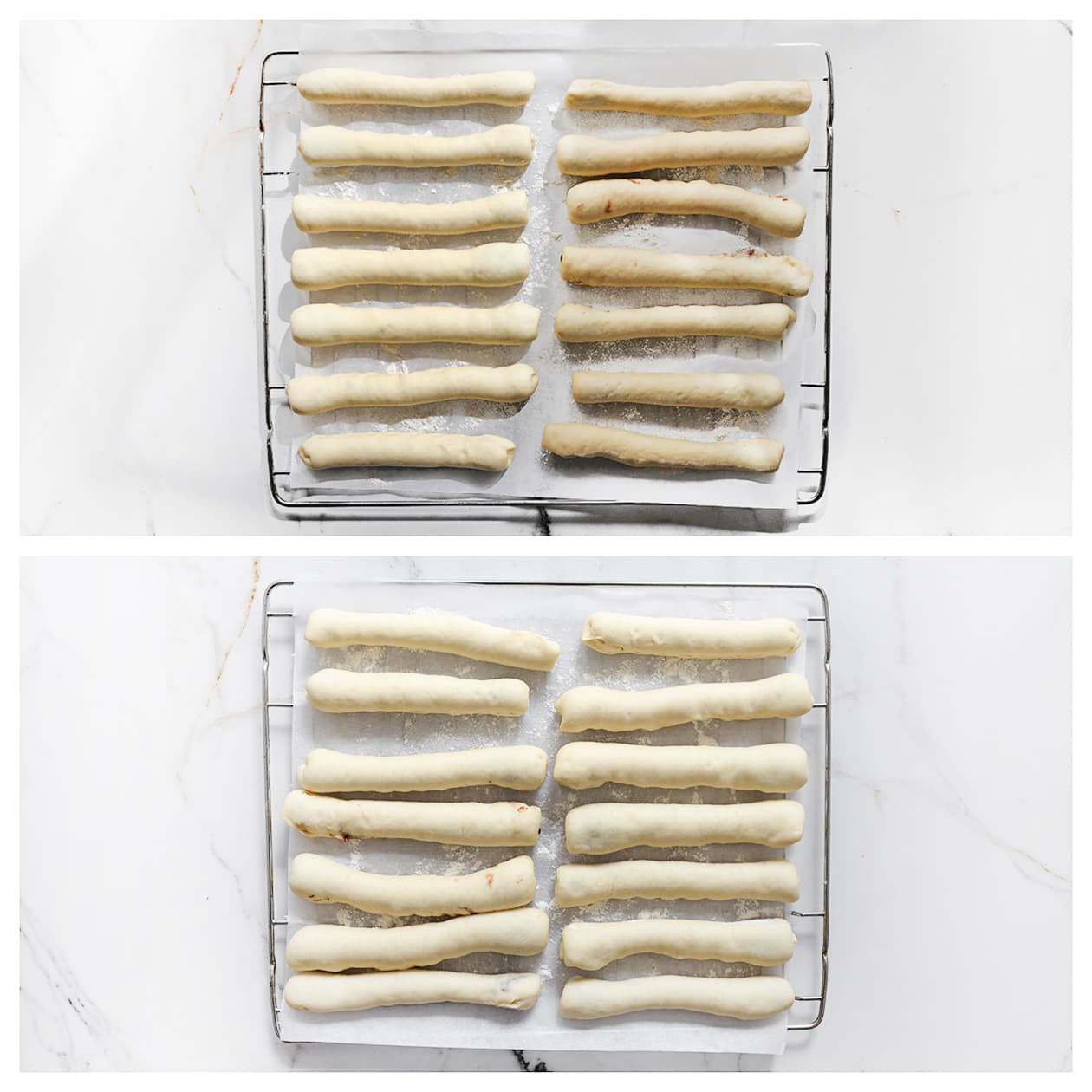 Gevormde long donuts rijzen op een bakplaat