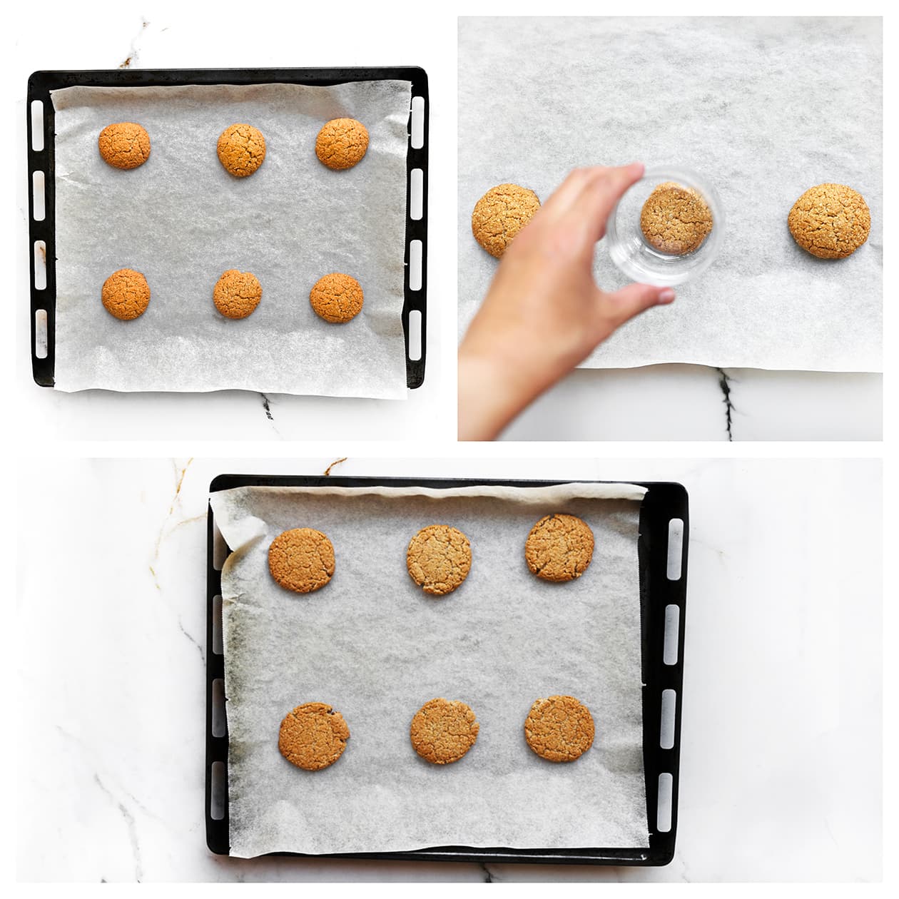 Havermoutkoekjes platdrukken met de onderkant van een glas