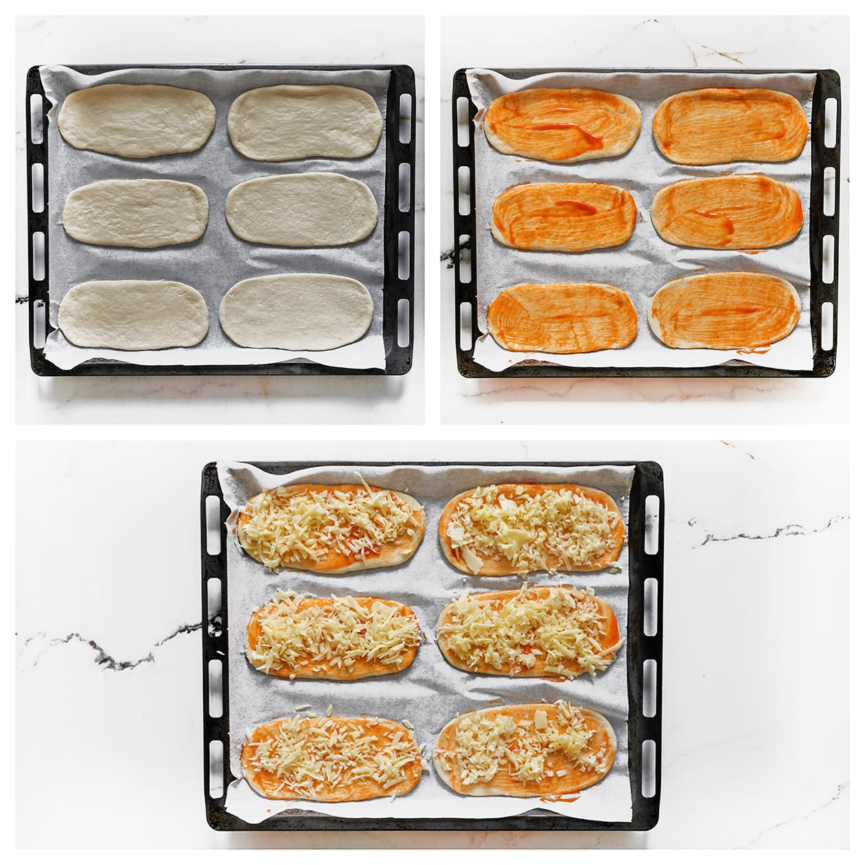 Ovaal pizzadeeg met hot sauce en geraspte kaas